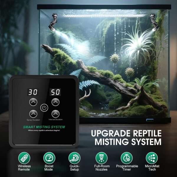 Sistema de nebulización automático para terrario, con temporizador programable, diseño sin tanque y boquillas de cobertura 360°.