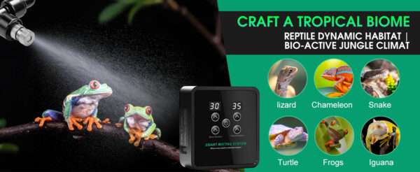 Sistema de nebulización automático para terrario, con temporizador programable, diseño sin tanque y boquillas de cobertura 360°.