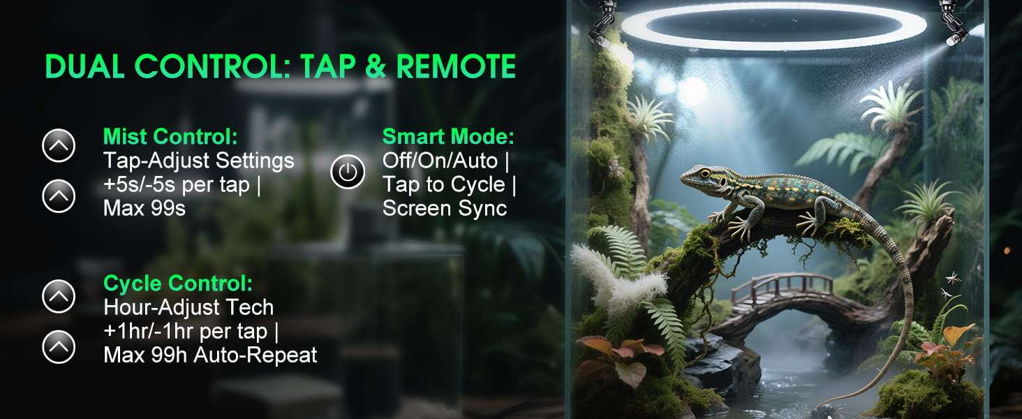 Sistema de nebulización automático para terrario, con temporizador programable, diseño sin tanque y boquillas de cobertura 360°.