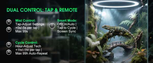 Sistema de nebulización automático para terrario, con temporizador programable, diseño sin tanque y boquillas de cobertura 360°.
