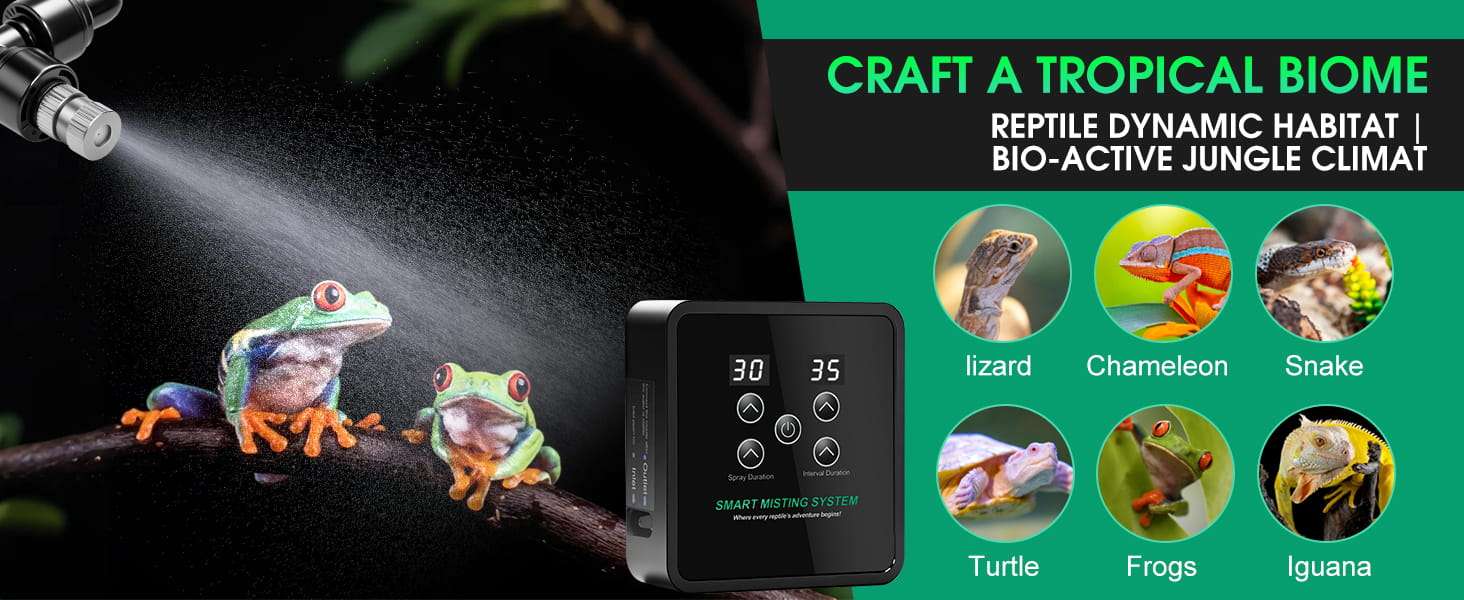 Sistema de nebulización automático para terrario, con temporizador programable, diseño sin tanque y boquillas de cobertura 360°.