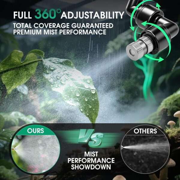 Sistema de nebulización automático para terrario, con temporizador programable, diseño sin tanque y boquillas de cobertura 360°.