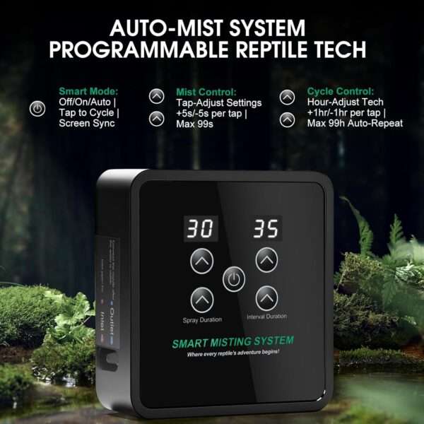 Sistema de nebulización automático para terrario, con temporizador programable, diseño sin tanque y boquillas de cobertura 360°.