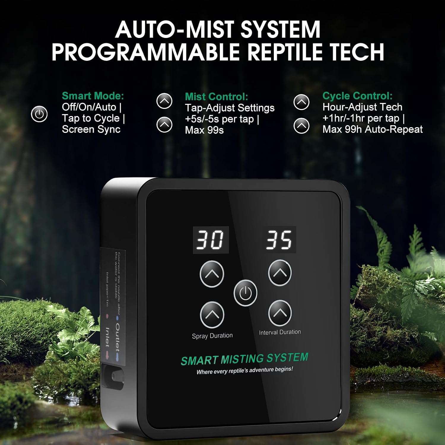 Sistema de nebulización automático para terrario, con temporizador programable, diseño sin tanque y boquillas de cobertura 360°.