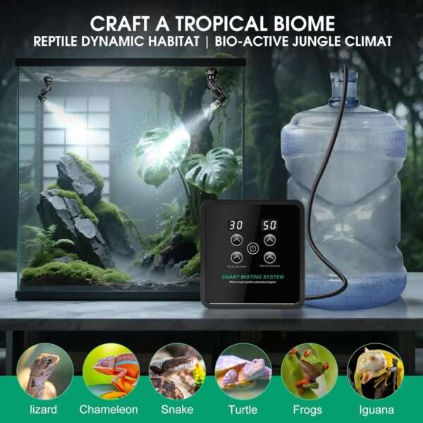Sistema de nebulización automático para terrario, con temporizador programable, diseño sin tanque y boquillas de cobertura 360°.