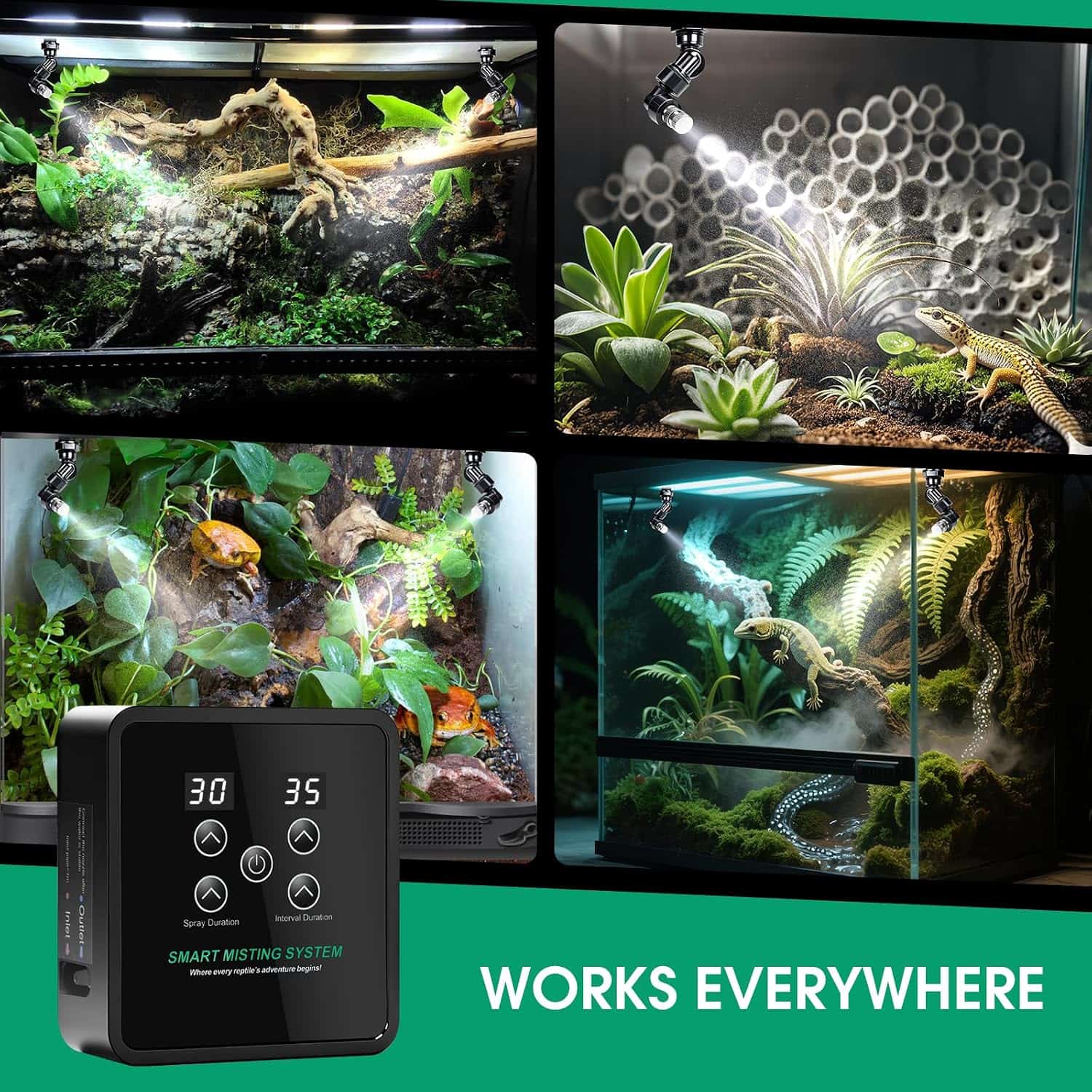 Sistema de nebulización automático para terrario, con temporizador programable, diseño sin tanque y boquillas de cobertura 360°.
