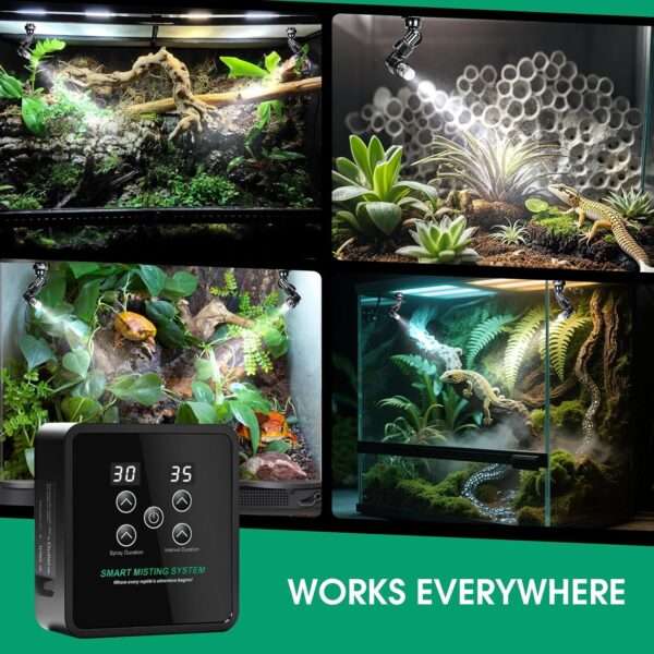 Sistema de nebulización automático para terrario, con temporizador programable, diseño sin tanque y boquillas de cobertura 360°.