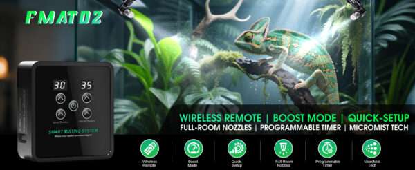 Sistema de nebulización automático para terrario, con temporizador programable, diseño sin tanque y boquillas de cobertura 360°.