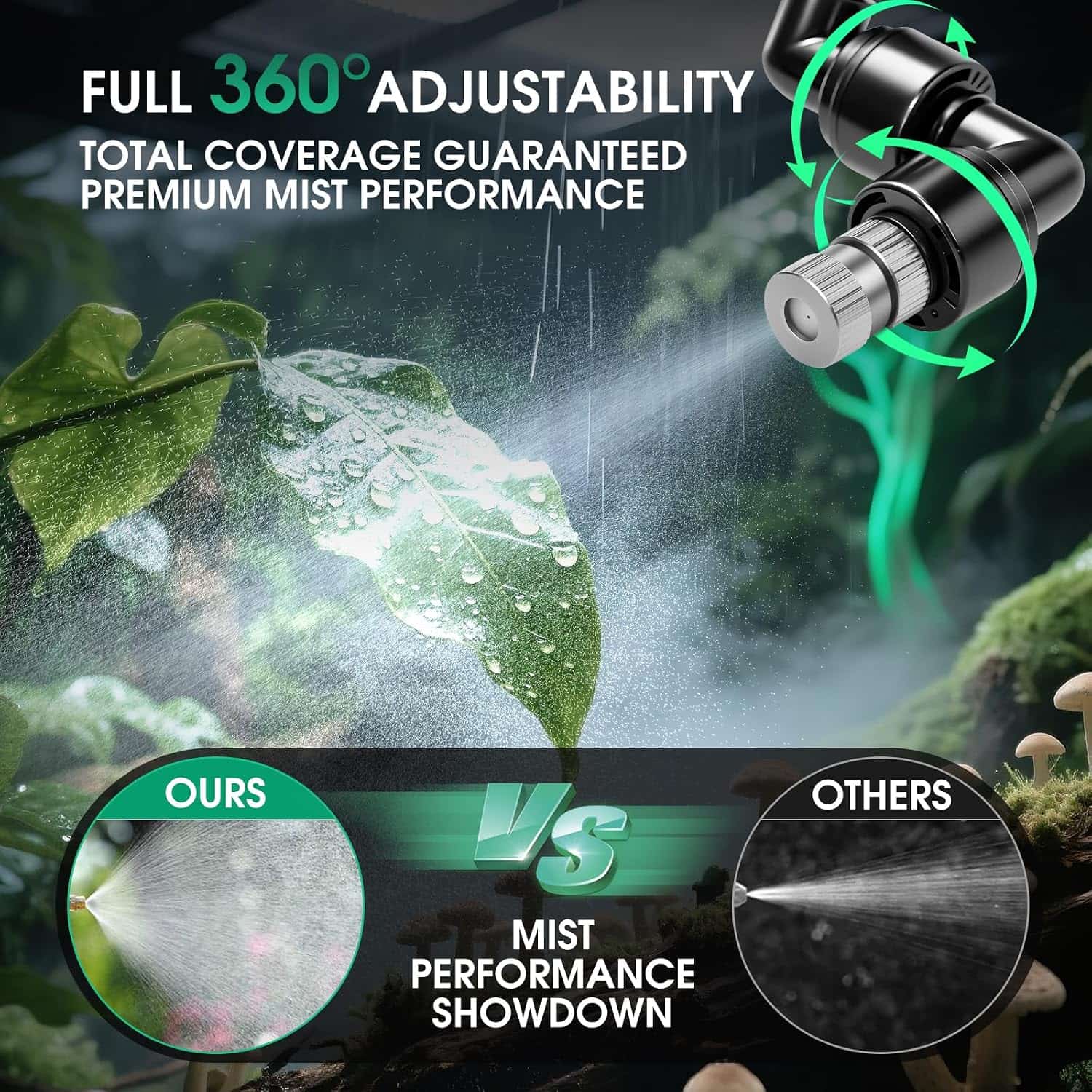 Sistema de nebulización automático para terrario, con temporizador programable, diseño sin tanque y boquillas de cobertura 360°.