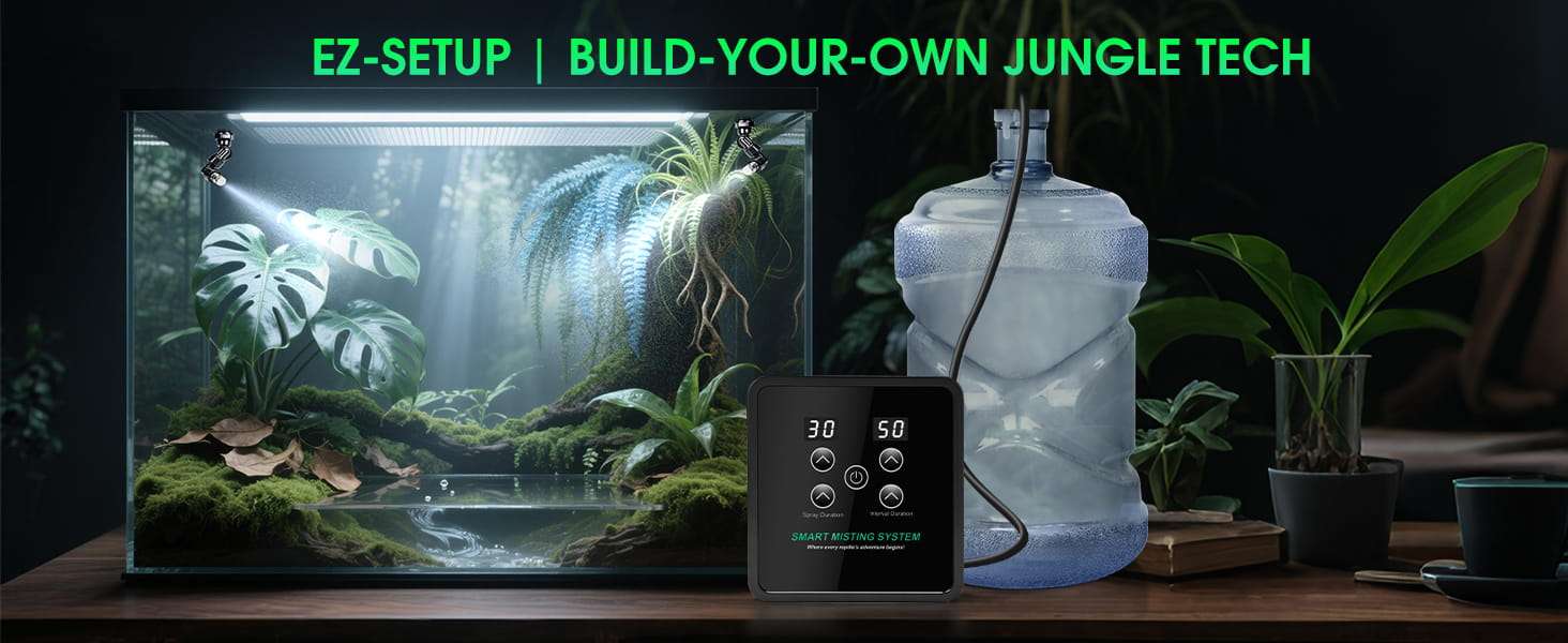 Sistema de nebulización automático para terrario, con temporizador programable, diseño sin tanque y boquillas de cobertura 360°.