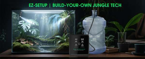Sistema de nebulización automático para terrario, con temporizador programable, diseño sin tanque y boquillas de cobertura 360°.