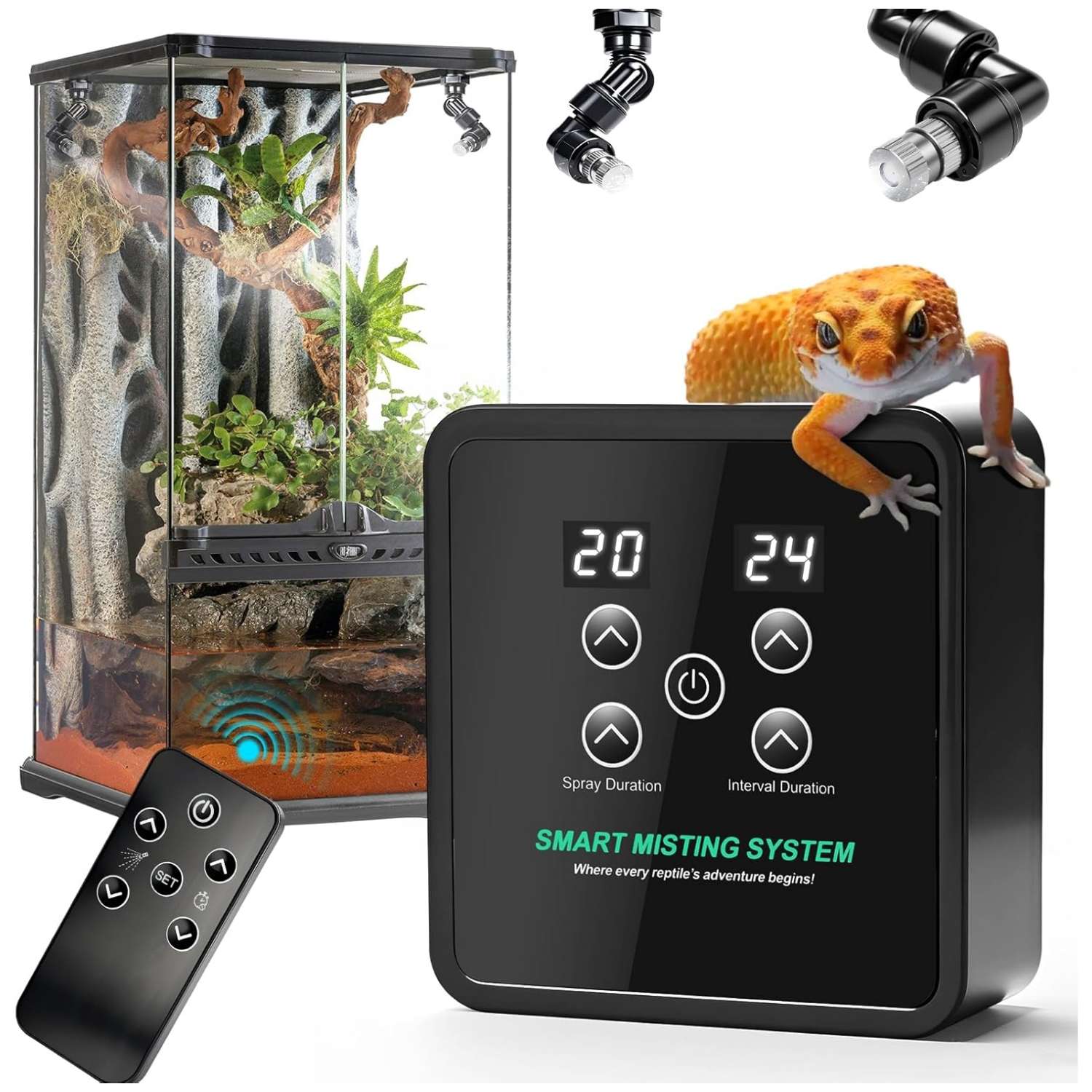 Sistema de nebulización automático para terrario, con temporizador programable, diseño sin tanque y boquillas de cobertura 360°.