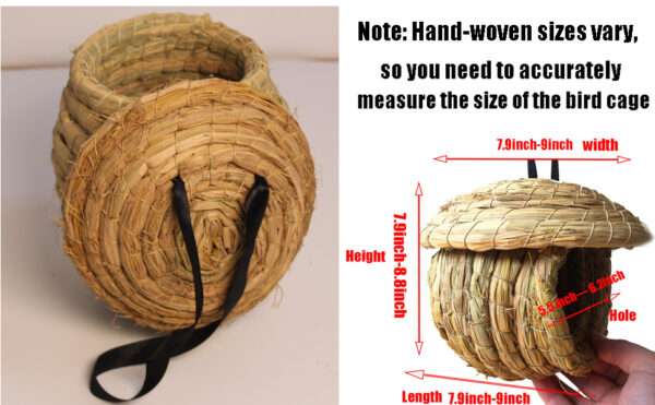 Una cabaña de pájaros de hierba natural tejida a mano, con un diseño de bolsillo, colgada de una rama de árbol para aves pequeñas.