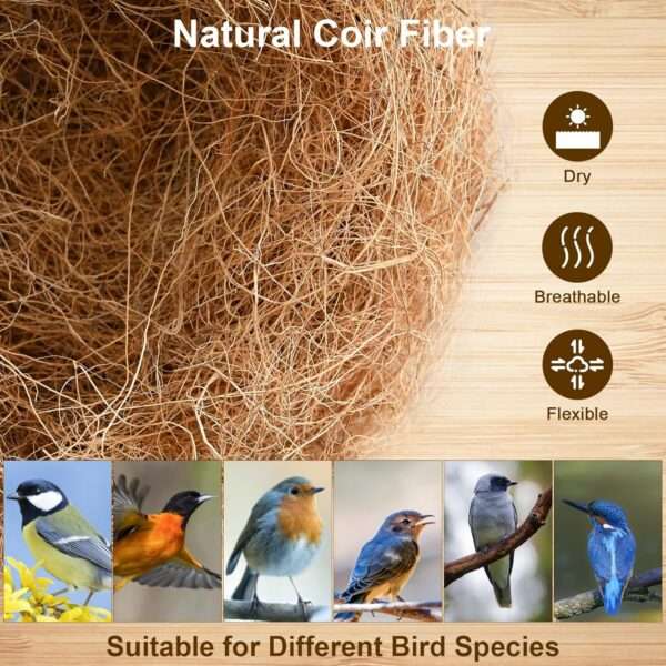 Una pila de fibra de coco natural y esponjosa, ideal para nidos de pájaros y camas de mascotas, que muestra el contenido de un paquete de dos unidades.