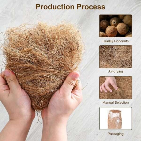 Una pila de fibra de coco natural y esponjosa, ideal para nidos de pájaros y camas de mascotas, que muestra el contenido de un paquete de dos unidades.