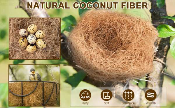 Una pila de fibra de coco natural y esponjosa, ideal para nidos de pájaros y camas de mascotas, que muestra el contenido de un paquete de dos unidades.