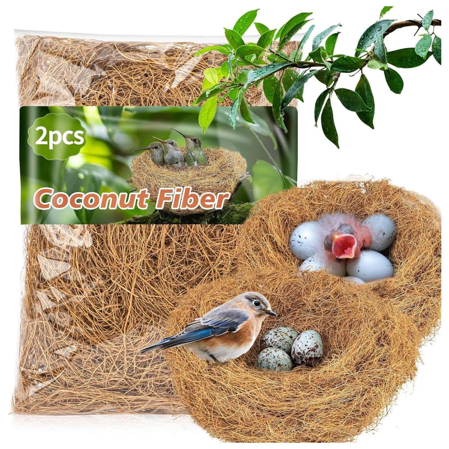Una pila de fibra de coco natural y esponjosa, ideal para nidos de pájaros y camas de mascotas, que muestra el contenido de un paquete de dos unidades.