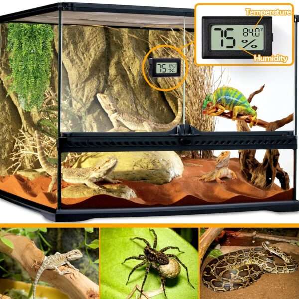 Pack de 2 termómetros e higrómetros digitales para terrario, lectura rápida y adhesivo.