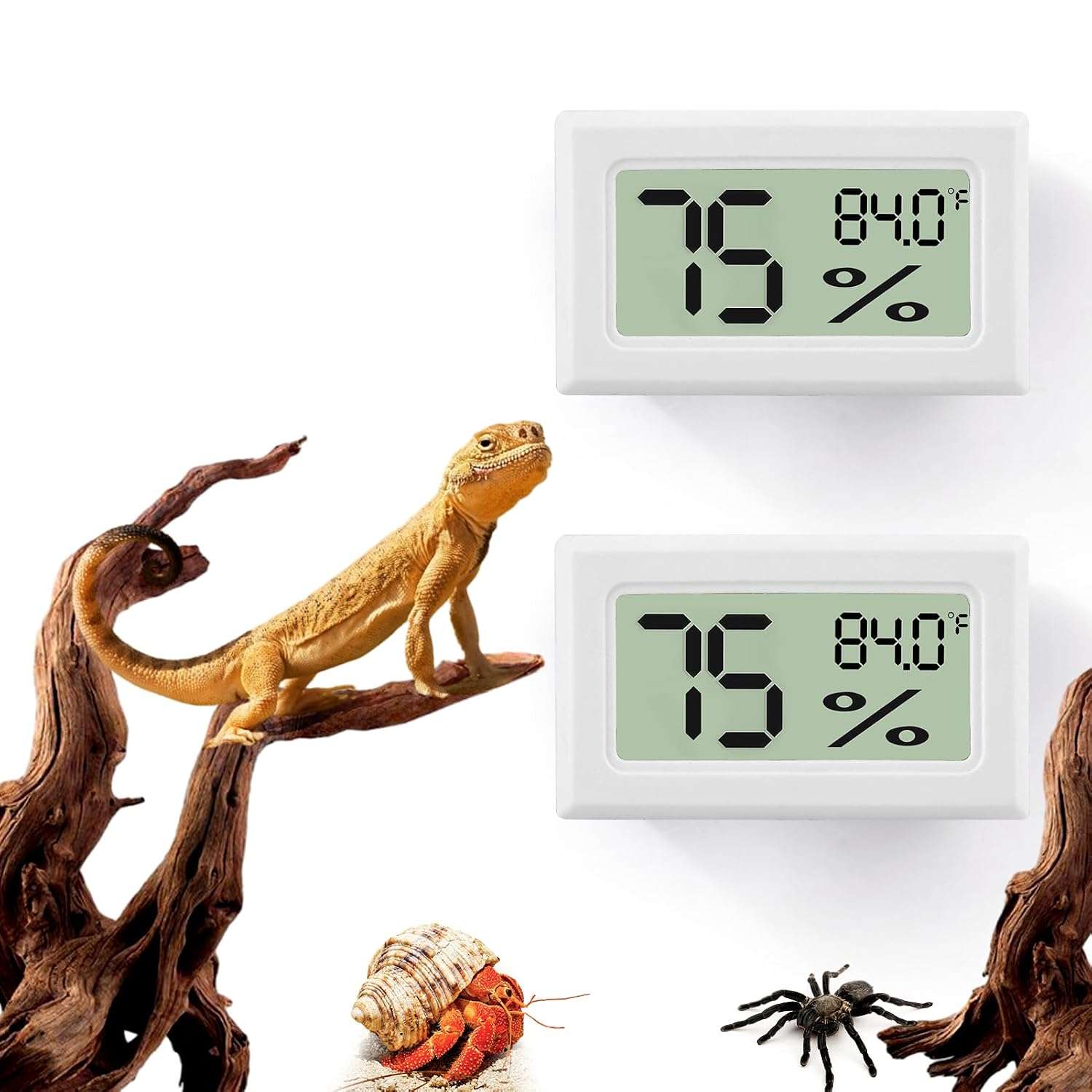 Pack de 2 termómetros e higrómetros digitales para terrario, lectura rápida y adhesivo.