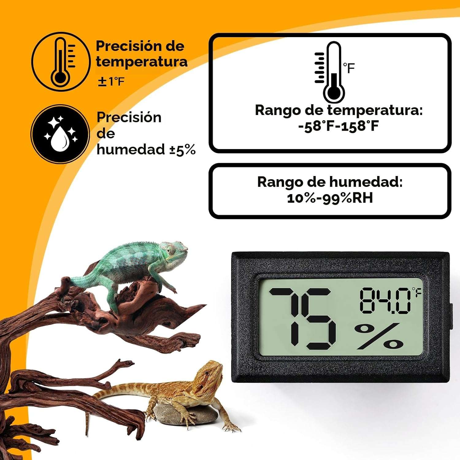 Pack de 2 termómetros e higrómetros digitales para terrario, lectura rápida y adhesivo.