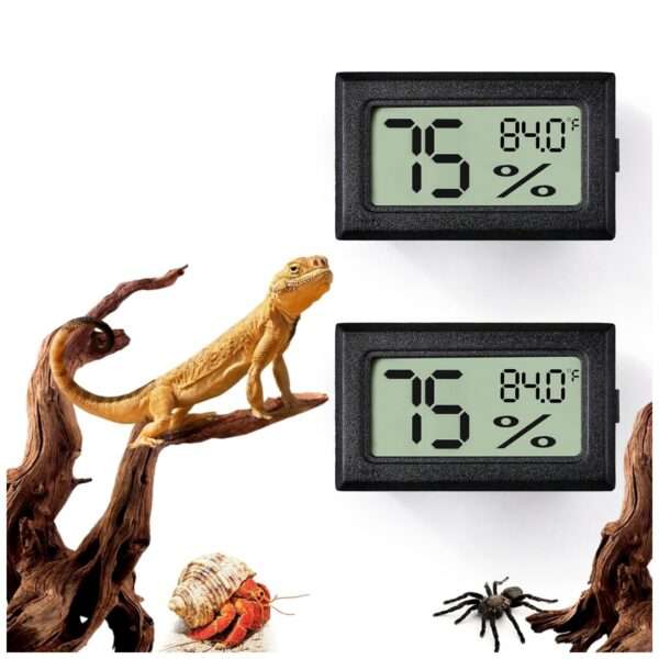 Pack de 2 termómetros e higrómetros digitales para terrario, lectura rápida y adhesivo.