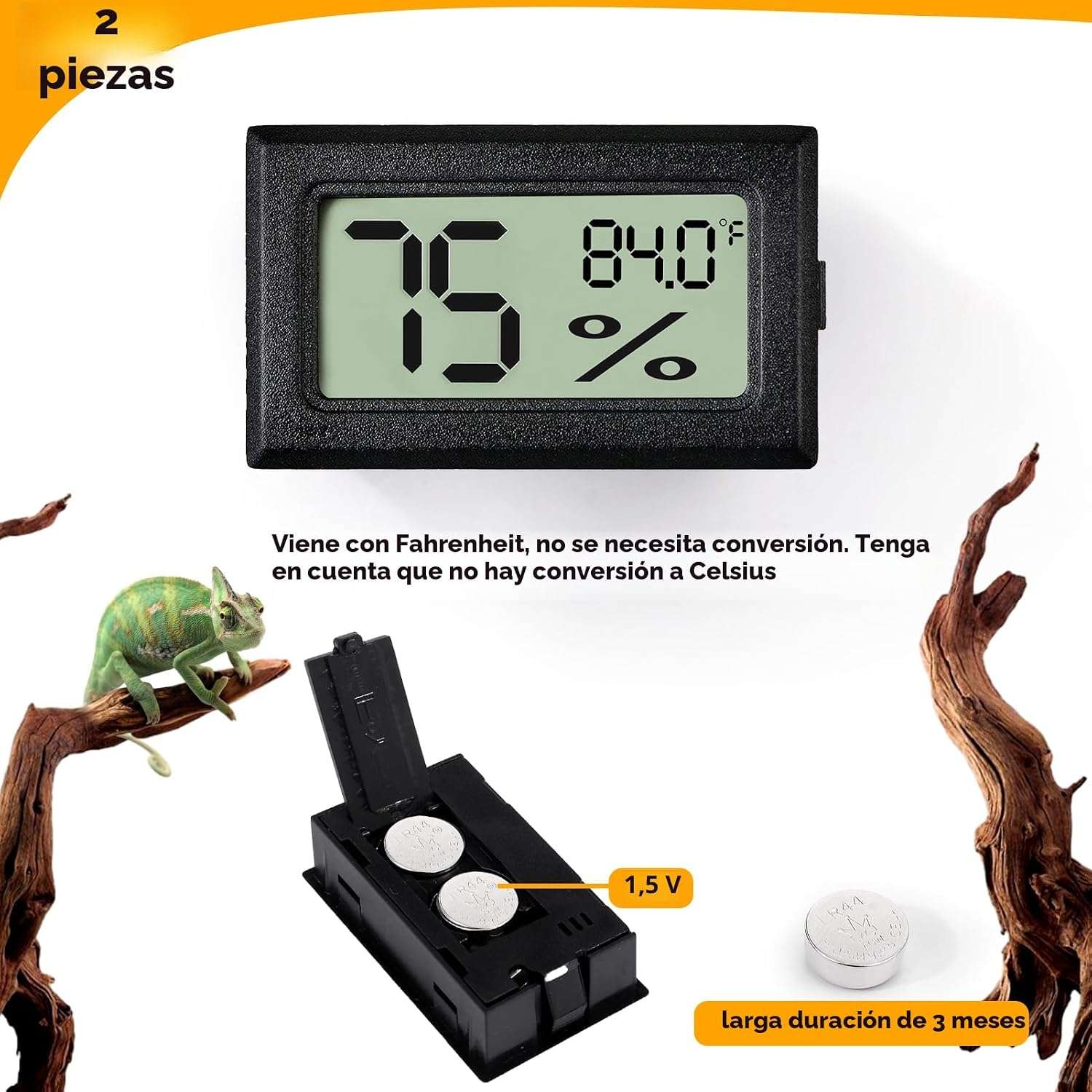 Pack de 2 termómetros e higrómetros digitales para terrario, lectura rápida y adhesivo.