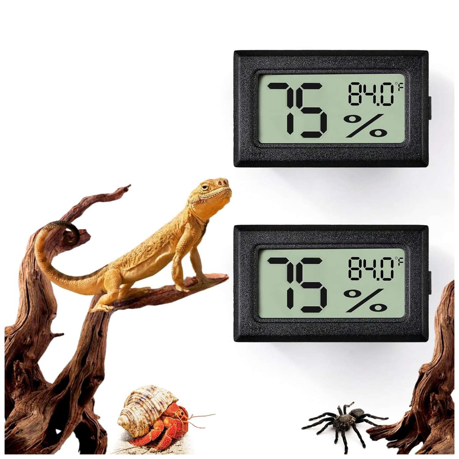 Pack de 2 termómetros e higrómetros digitales para terrario, lectura rápida y adhesivo.