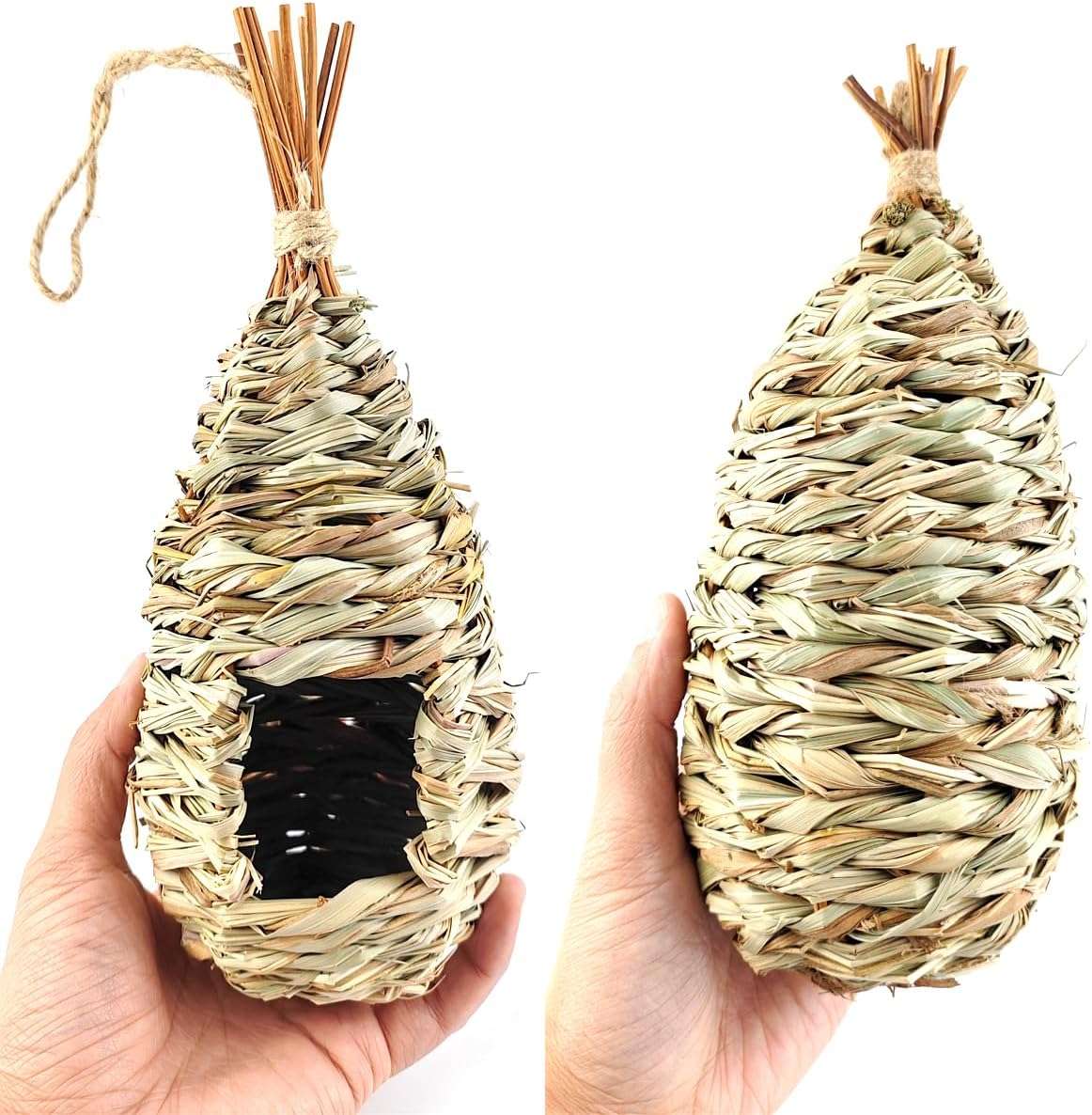 Un nido de pájaros de hierba de hibisco con forma de gota, tejido a mano, colgado de una rama, parte de un pack de cuatro.