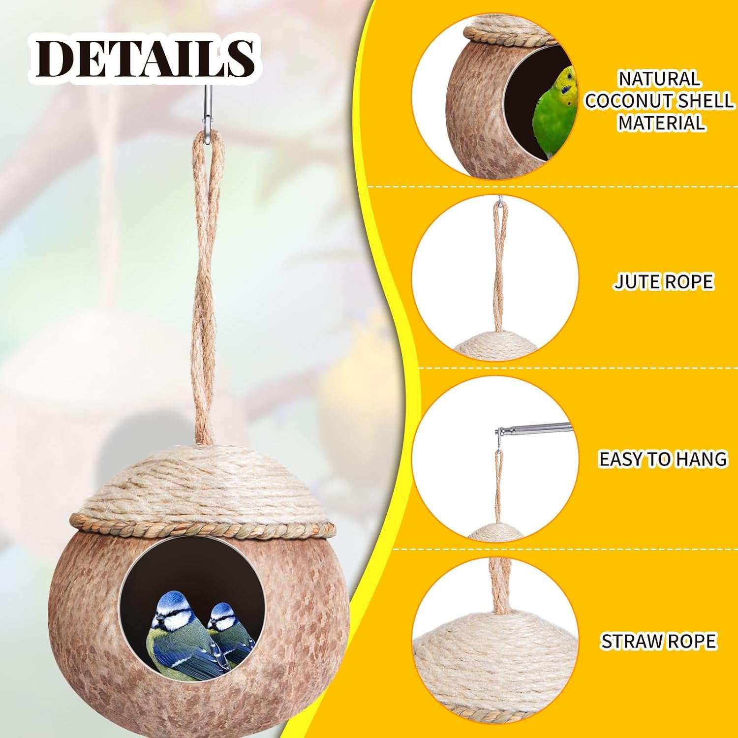 Paquete de 3 nidos de coco para aves.