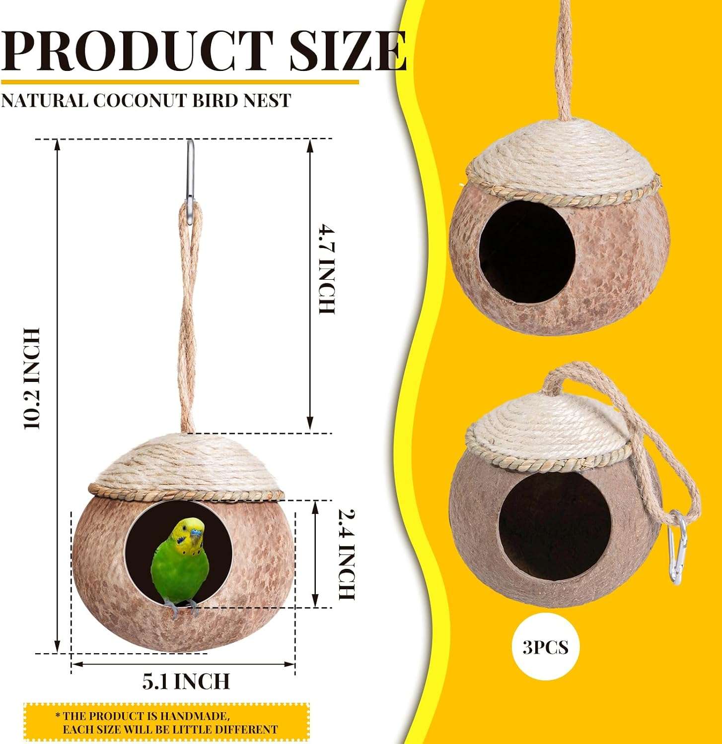 Paquete de 3 nidos de coco para aves.