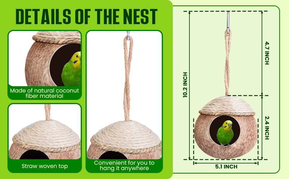 Paquete de 3 nidos de coco para aves.