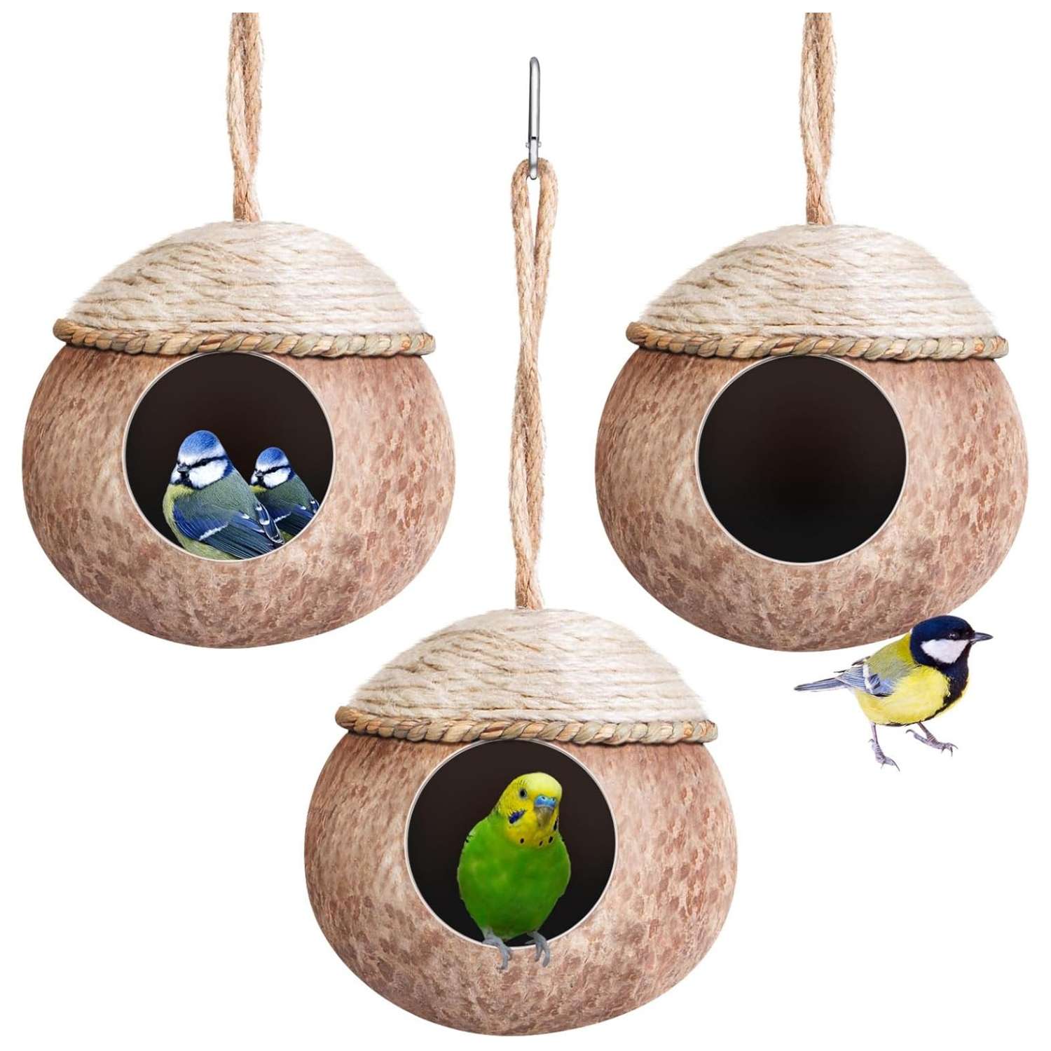 Paquete de 3 nidos de coco para aves.