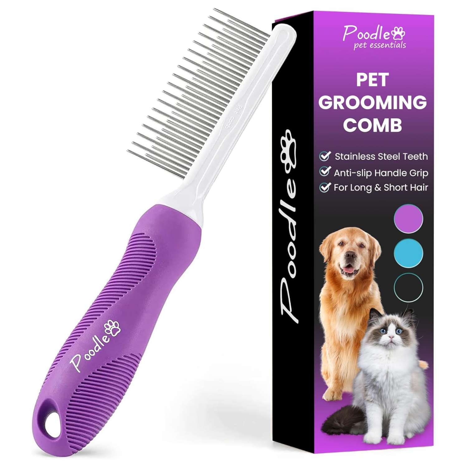 Peine de metal para perros y gatos, doble diente para desenredar.