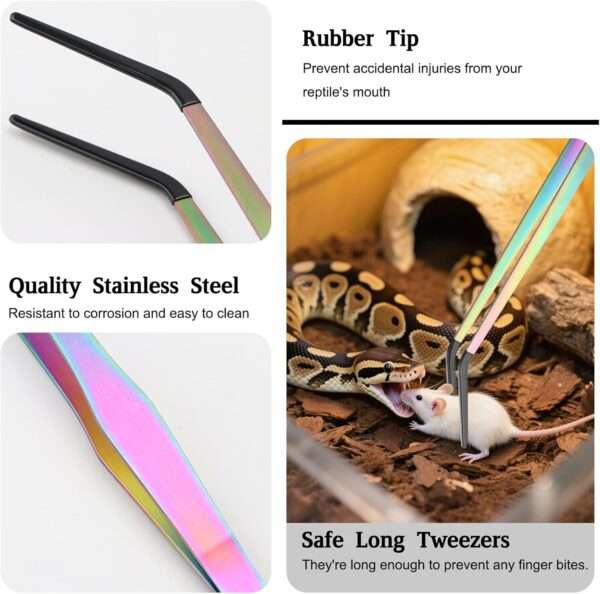 Pinzas de alimentación extra largas (38 cm) con puntas de goma para reptiles, seguras e higiénicas.