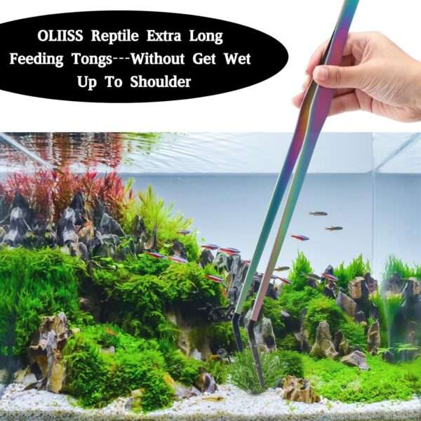 Pinzas de alimentación extra largas (38 cm) con puntas de goma para reptiles, seguras e higiénicas.