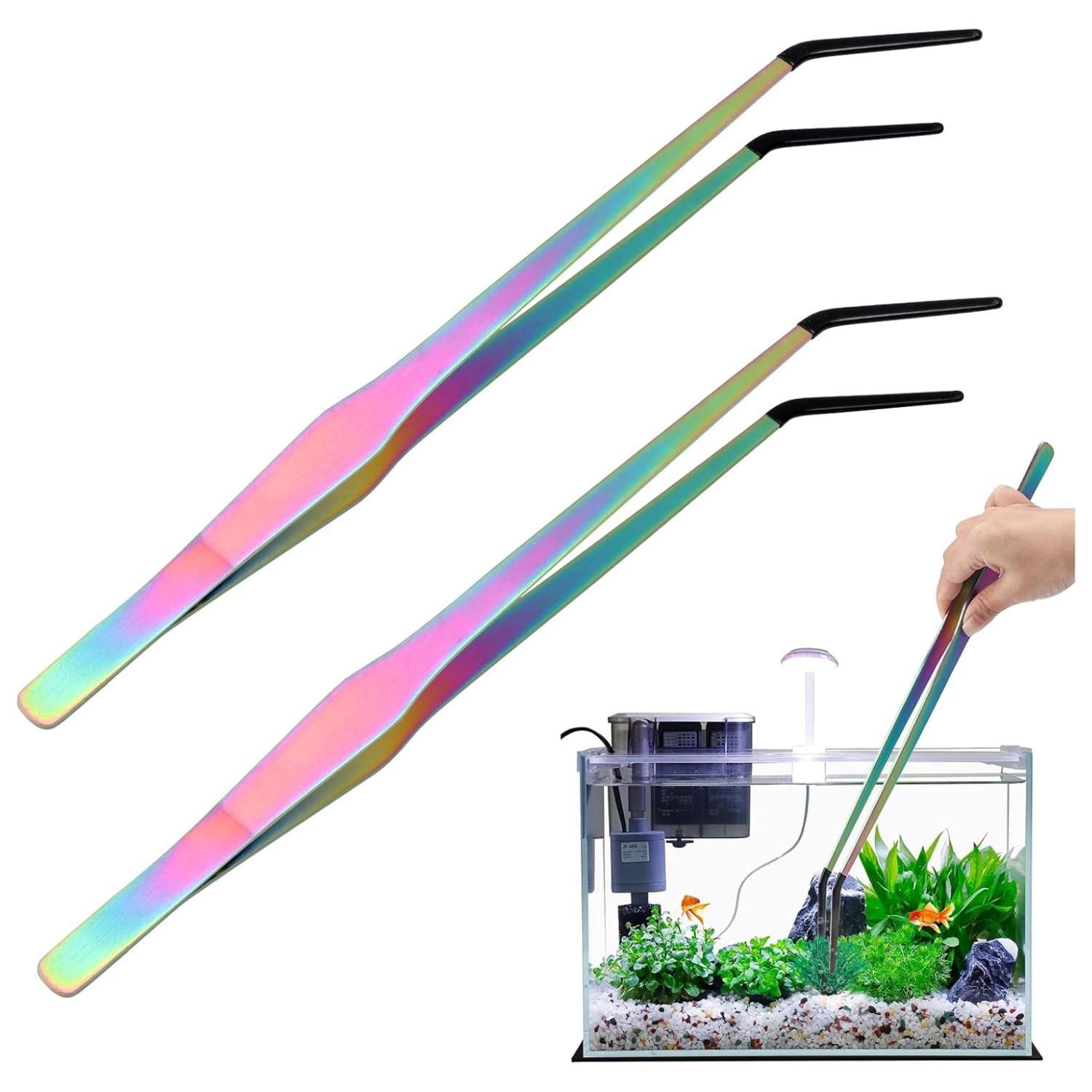 Pinzas de alimentación extra largas (38 cm) con puntas de goma para reptiles, seguras e higiénicas.
