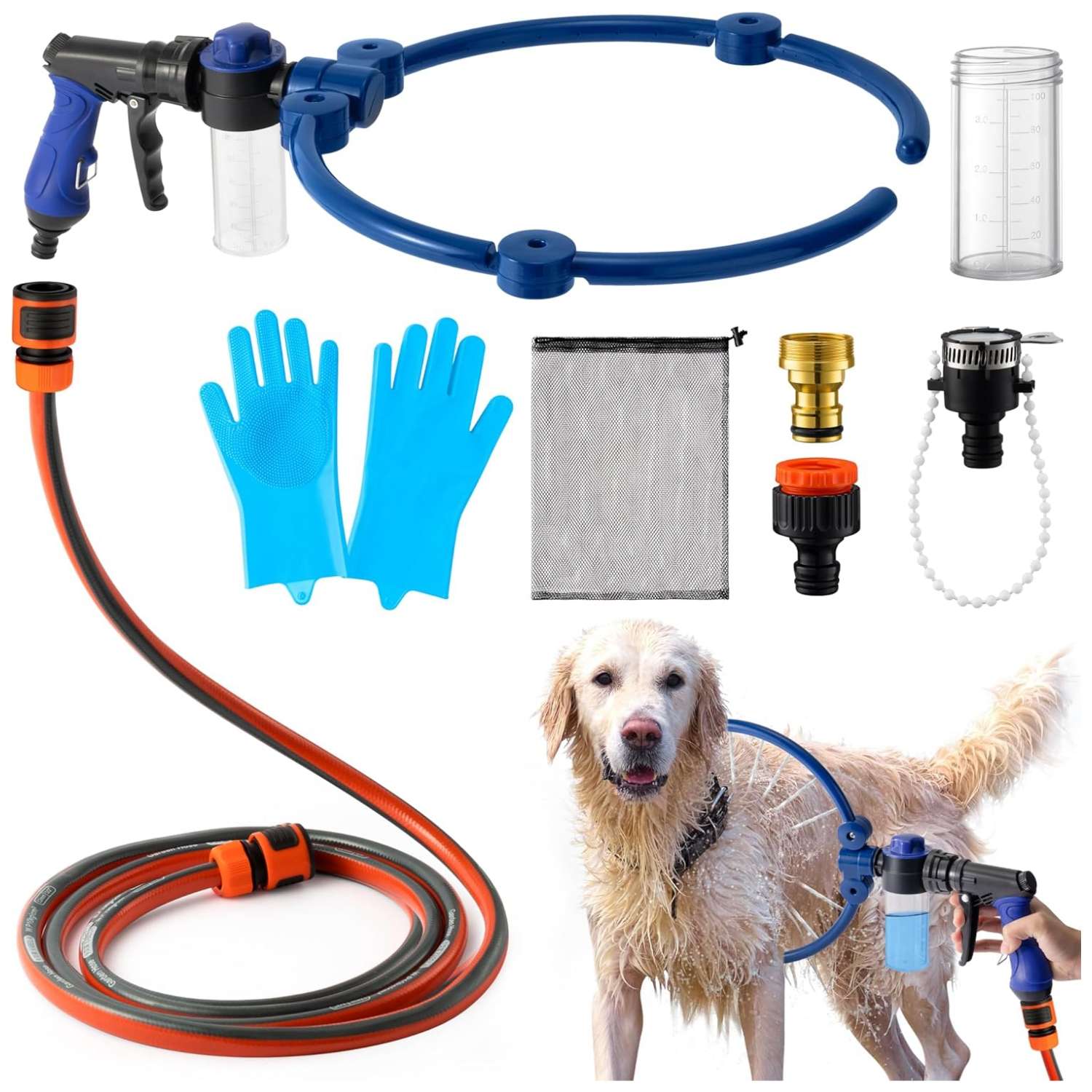 Pistola de agua para lavar perros. Manguera con 360° de ajuste y dispensadores de jabón.