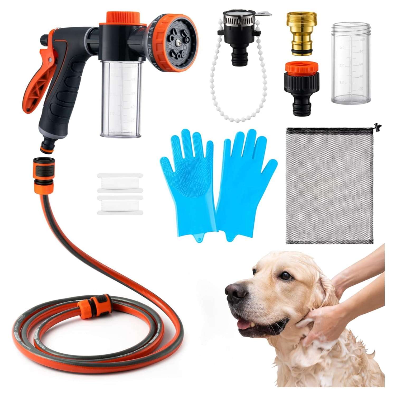 Pistola de agua para lavar perros. Manguera con 10 modos de rociado y dispensador de jabón.