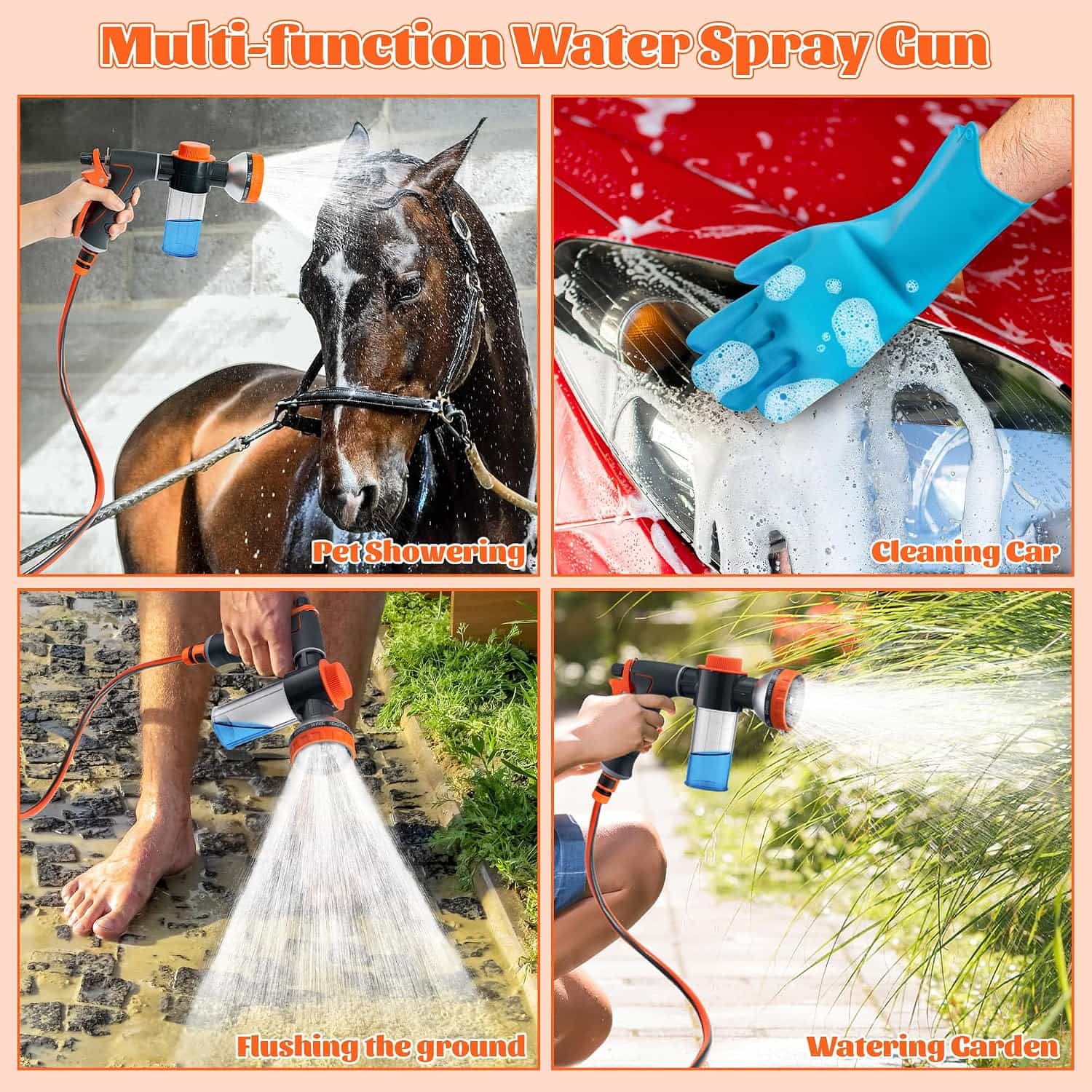 Pistola de agua para lavar perros. Manguera con 10 modos de rociado y dispensador de jabón.