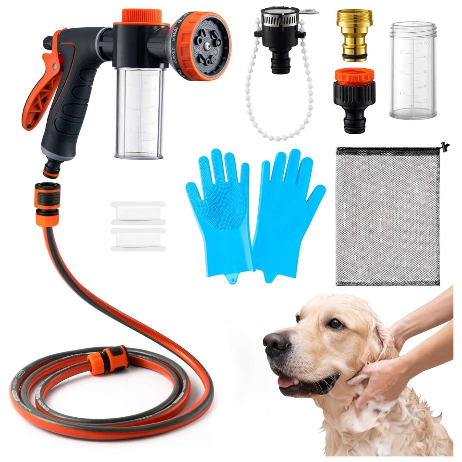 Pistola de agua para lavar perros. Manguera con 10 modos de rociado y dispensador de jabón.