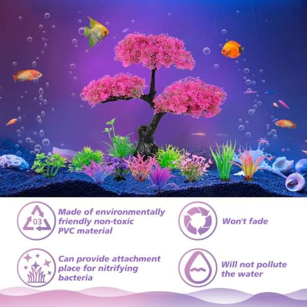 Planta artificial alta de acuario, realista (PVC no tóxico), con base de anclaje y hojas suaves.