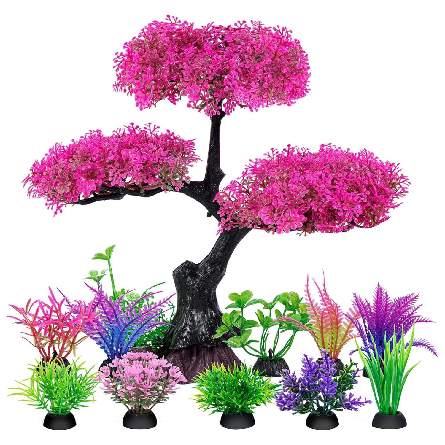 Planta artificial alta de acuario, realista (PVC no tóxico), con base de anclaje y hojas suaves.