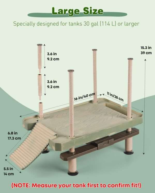 Plataforma flotante grande para tortugas con nivel automático, rampa antideslizante y diseño de grano de madera con comedero integrado.