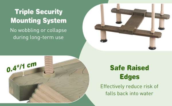 Plataforma flotante grande para tortugas con nivel automático, rampa antideslizante y diseño de grano de madera con comedero integrado.