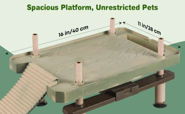 Plataforma flotante grande para tortugas con nivel automático, rampa antideslizante y diseño de grano de madera con comedero integrado.