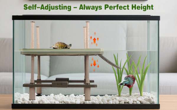 Plataforma flotante grande para tortugas con nivel automático, rampa antideslizante y diseño de grano de madera con comedero integrado.