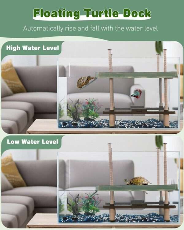 Plataforma flotante grande para tortugas con nivel automático, rampa antideslizante y diseño de grano de madera con comedero integrado.
