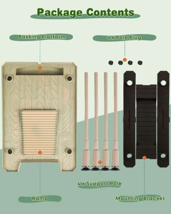 Plataforma flotante grande para tortugas con nivel automático, rampa antideslizante y diseño de grano de madera con comedero integrado.