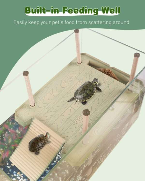 Plataforma flotante grande para tortugas con nivel automático, rampa antideslizante y diseño de grano de madera con comedero integrado.