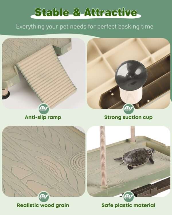 Plataforma flotante grande para tortugas con nivel automático, rampa antideslizante y diseño de grano de madera con comedero integrado.